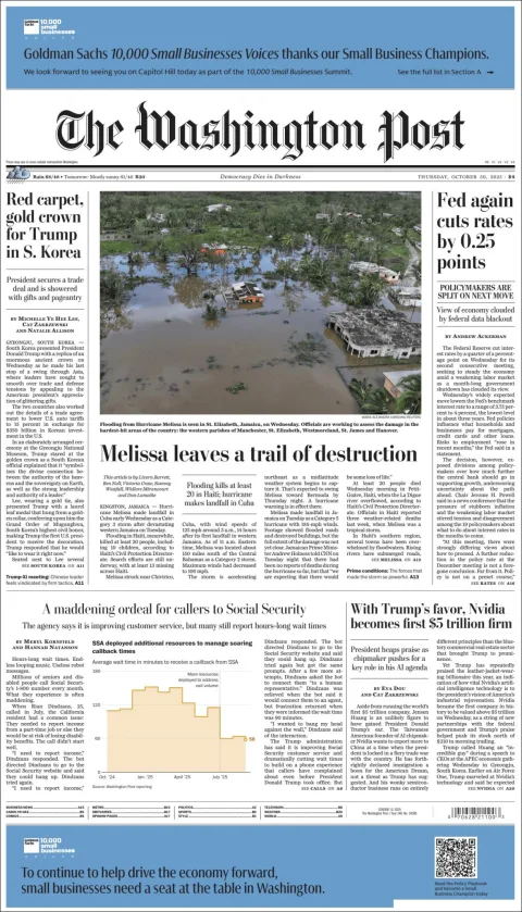 Portada de The Washington Post del jueves, 30 de octubre de 2025