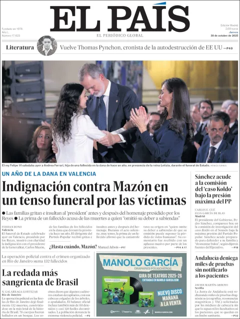 Portada de El Pais del jueves, 30 de octubre de 2025