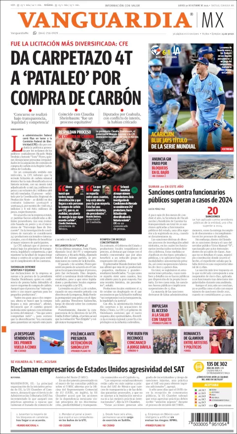 Portada de Vanguardia del jueves, 30 de octubre de 2025