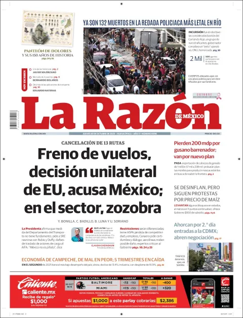 Portada de La Razon del jueves, 30 de octubre de 2025