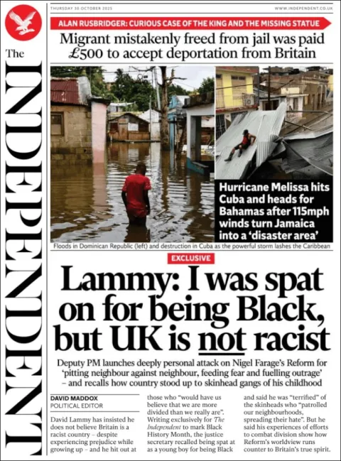 Portada de The Independent del jueves, 30 de octubre de 2025