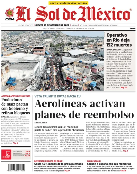 Portada de El Sol de Mexico del jueves, 30 de octubre de 2025