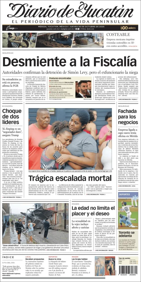 Portada de Diario de Yucatán del jueves, 30 de octubre de 2025