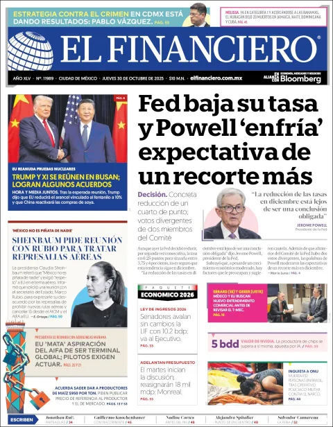 Portada de El Financiero del jueves, 30 de octubre de 2025