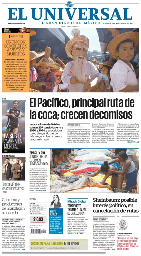 Portada de El Universal del jueves, 30 de octubre de 2025