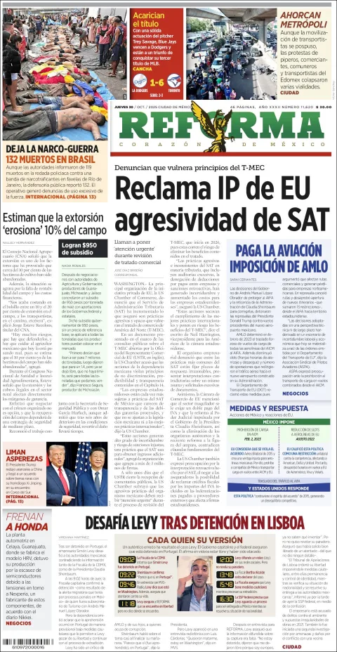 Portada de Reforma del jueves, 30 de octubre de 2025