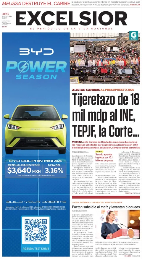 Portada de Excelsior del jueves, 30 de octubre de 2025