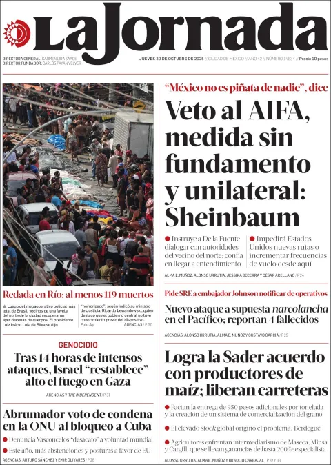Portada de La Jornada del jueves, 30 de octubre de 2025