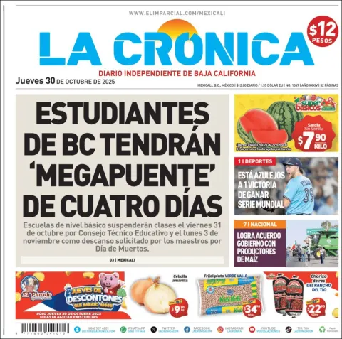 Portada de La Cronica del jueves, 30 de octubre de 2025