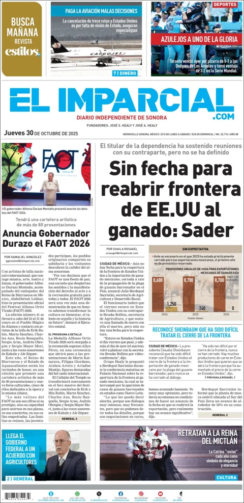 Portada de El Imparcial del jueves, 30 de octubre de 2025