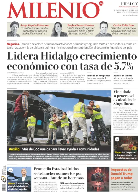 Portada de Milenio Hidalgo del jueves, 30 de octubre de 2025