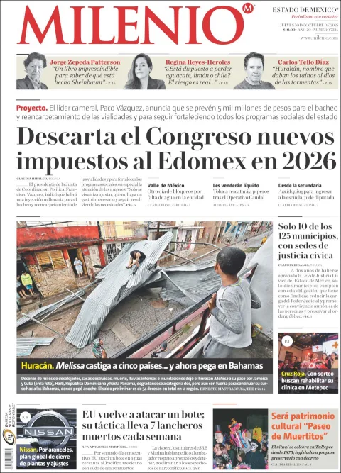 Portada de Milenio Edo de Mexico del jueves, 30 de octubre de 2025