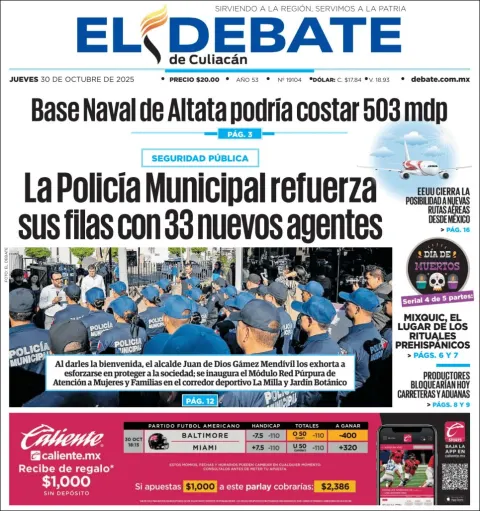 Portada de El Debate de Culiacan del jueves, 30 de octubre de 2025