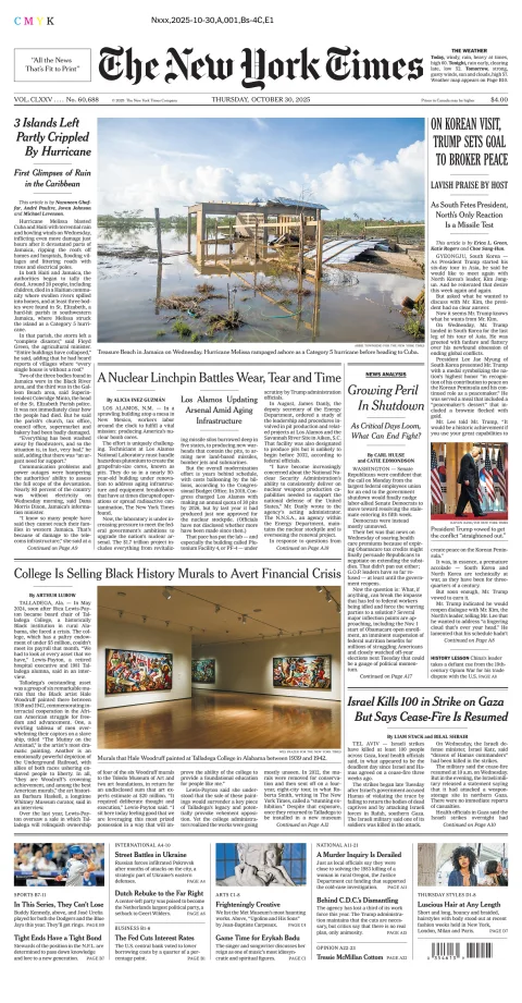 Portada de The New York Times (new York) del jueves, 30 de octubre de 2025