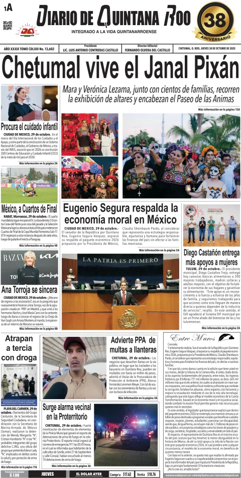 Portada de Diario de Quintana Roo (portada) del jueves, 30 de octubre de 2025