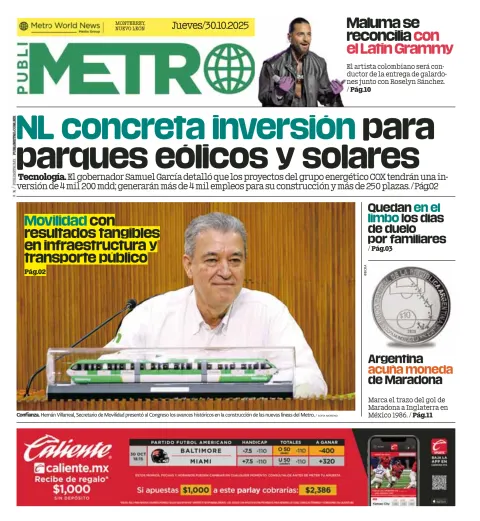 Portada de Publimetro Monterrey del jueves, 30 de octubre de 2025
