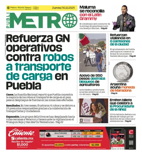 Portada de Publimetro Puebla del jueves, 30 de octubre de 2025