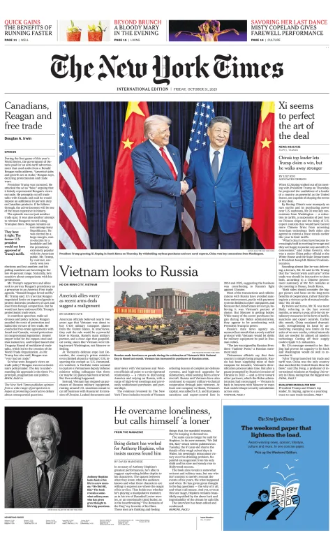 Portada de The New York Times (international) del viernes, 31 de octubre de 2025