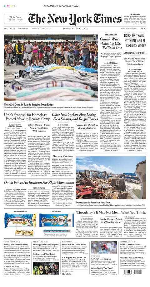 Portada de The New York Times (national) del viernes, 31 de octubre de 2025