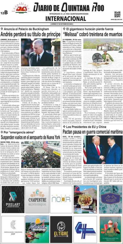 Portada de Diario de Quintana Roo (contra Portada) del viernes, 31 de octubre de 2025