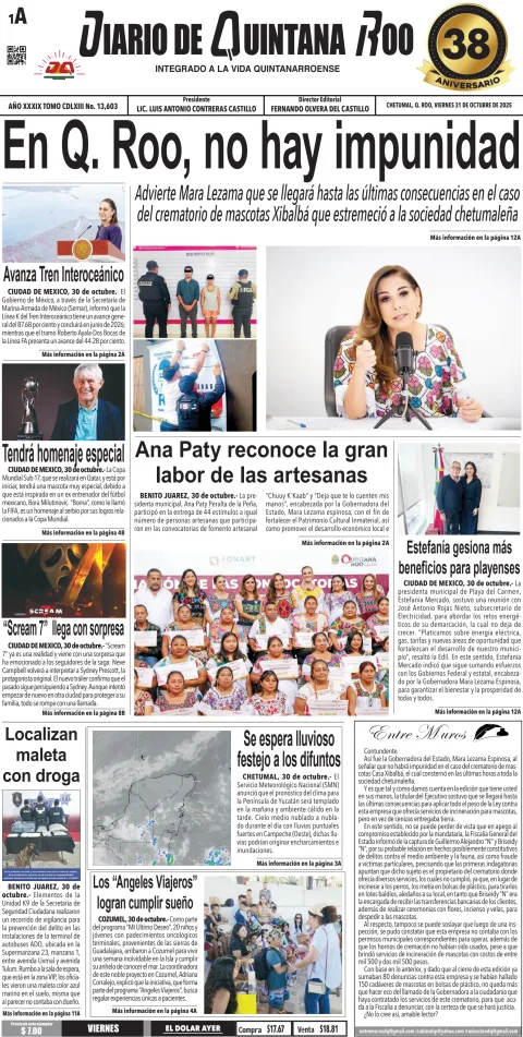 Portada de Diario de Quintana Roo (portada) del viernes, 31 de octubre de 2025