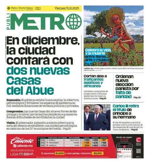 Portada de Publimetro Puebla del viernes, 31 de octubre de 2025