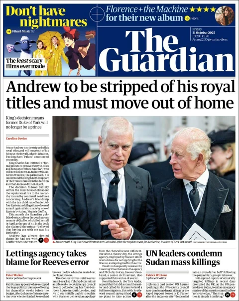 Portada de The Guardian (reino Unido) del viernes, 31 de octubre de 2025