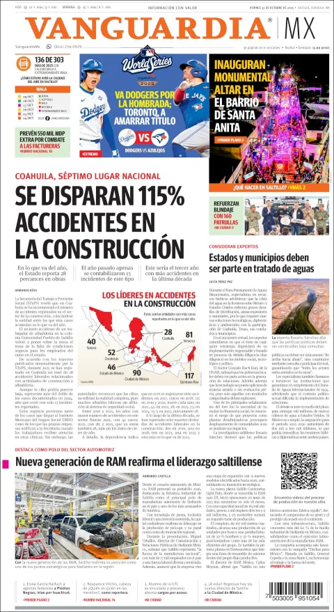 Portada de Vanguardia del viernes, 31 de octubre de 2025