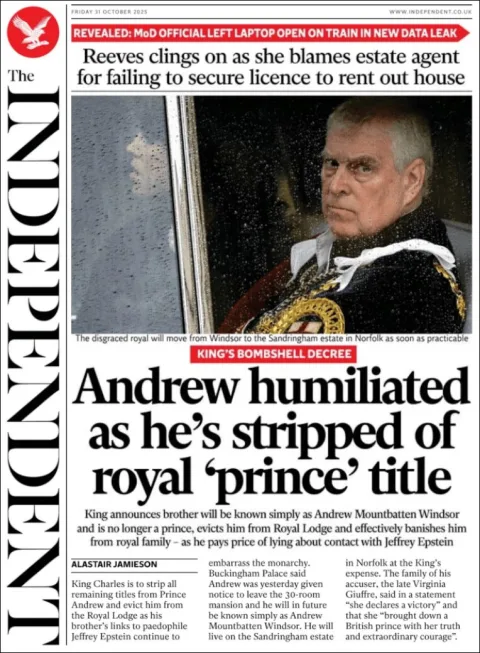 Portada de The Independent del viernes, 31 de octubre de 2025
