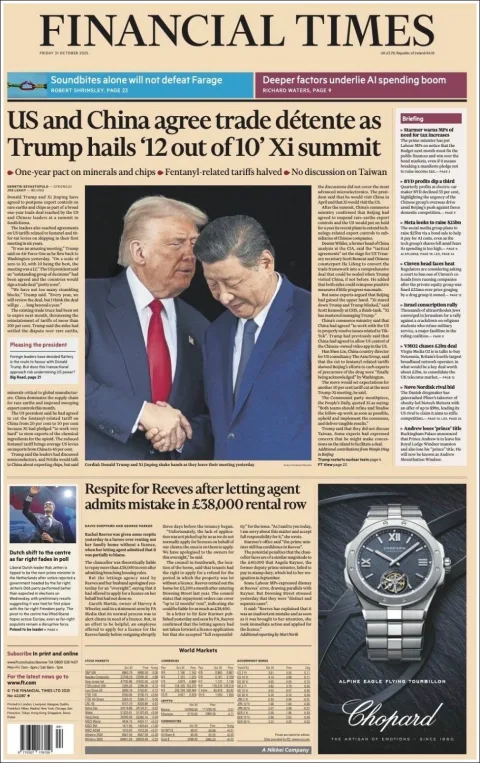 Portada de Financial Times del viernes, 31 de octubre de 2025