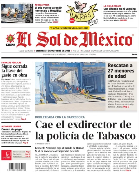 Portada de El Sol de Mexico del viernes, 31 de octubre de 2025