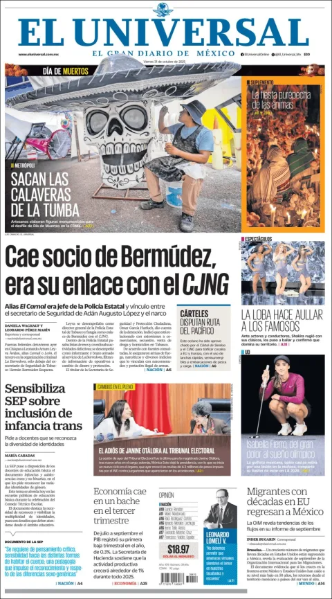 Portada de El Universal del viernes, 31 de octubre de 2025