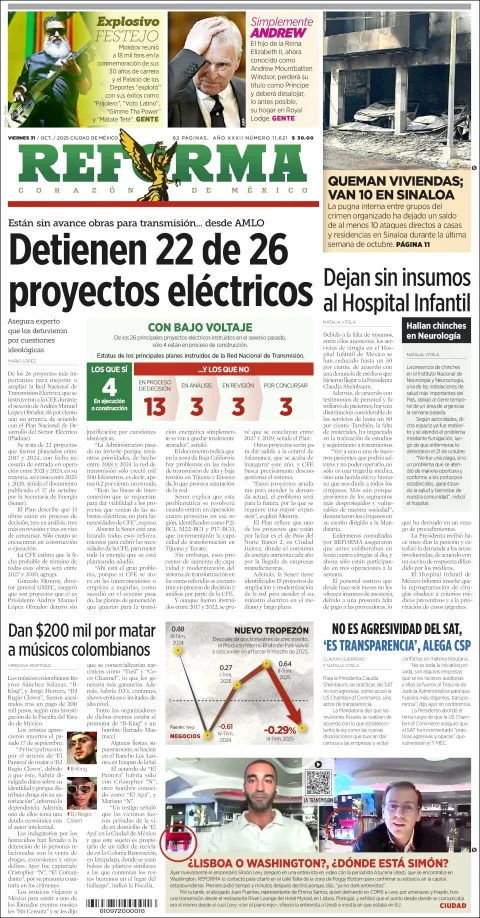 Portada de Reforma del viernes, 31 de octubre de 2025