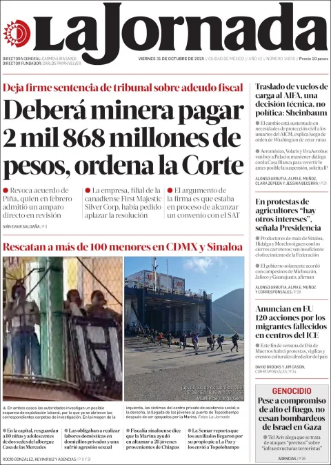 Portada de La Jornada del viernes, 31 de octubre de 2025