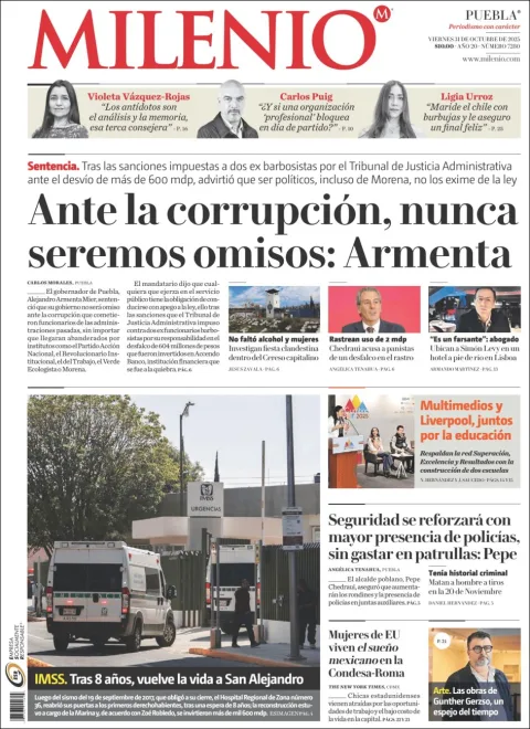 Portada de Milenio Puebla del viernes, 31 de octubre de 2025