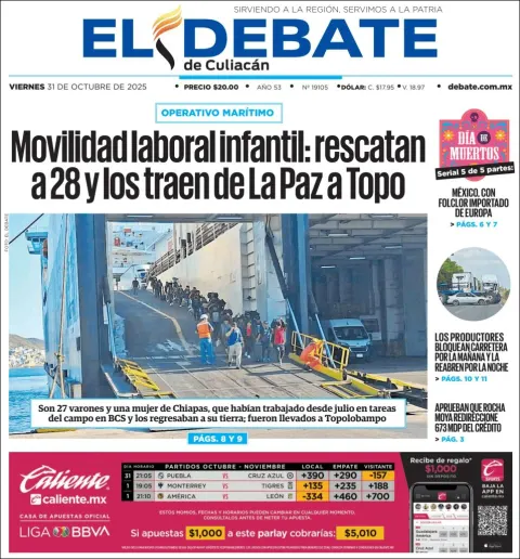Portada de El Debate de Culiacan del viernes, 31 de octubre de 2025