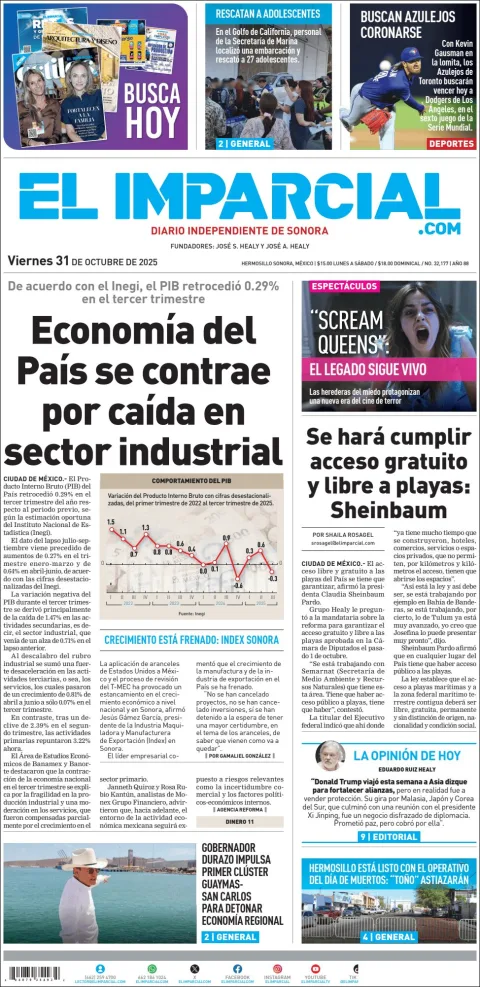 Portada de El Imparcial del viernes, 31 de octubre de 2025