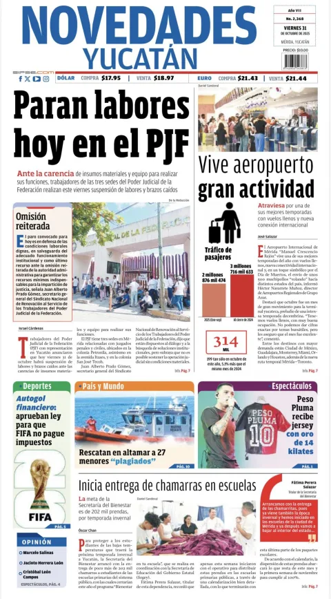 Portada de Novedades Yucatan del viernes, 31 de octubre de 2025