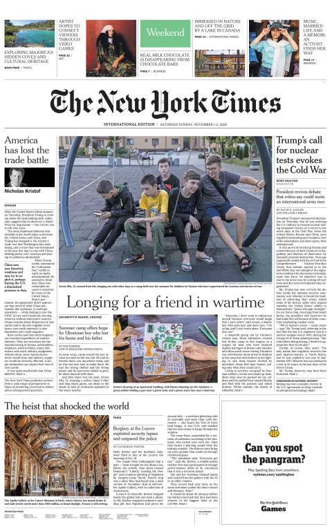 Portada de The New York Times (international) del sábado, 1 de noviembre de 2025