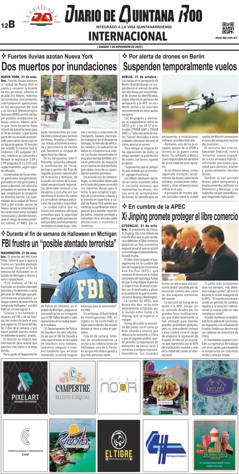 Portada de Diario de Quintana Roo (contra Portada) del sábado, 1 de noviembre de 2025