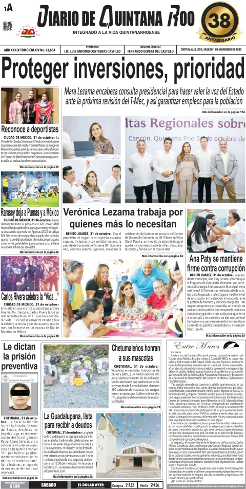 Portada de Diario de Quintana Roo (portada) del sábado, 1 de noviembre de 2025