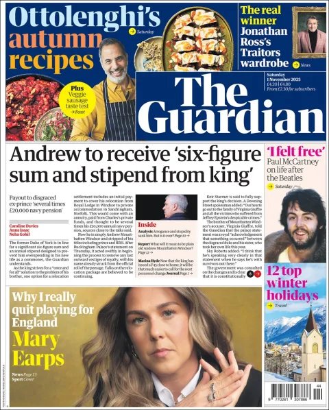 Portada de The Guardian (reino Unido) del sábado, 1 de noviembre de 2025