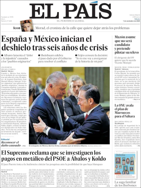 Portada de El Pais del sábado, 1 de noviembre de 2025
