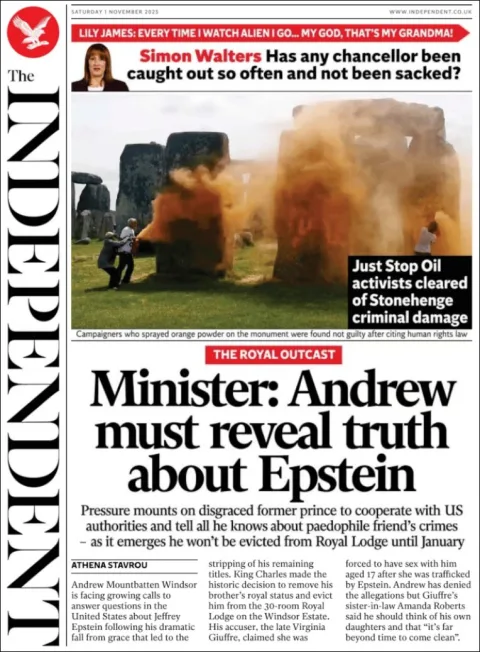 Portada de The Independent del sábado, 1 de noviembre de 2025