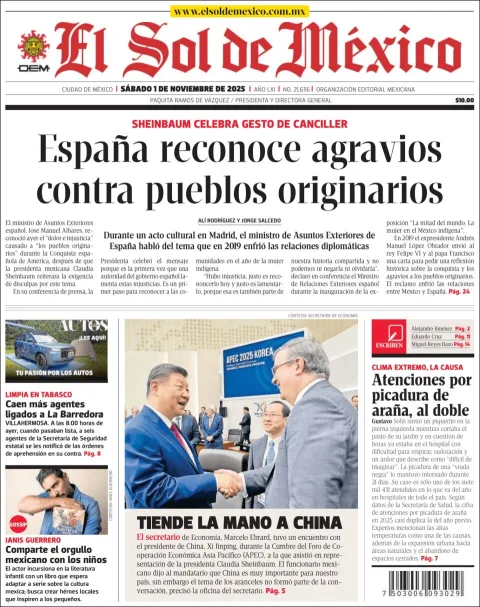 Portada de El Sol de Mexico del sábado, 1 de noviembre de 2025