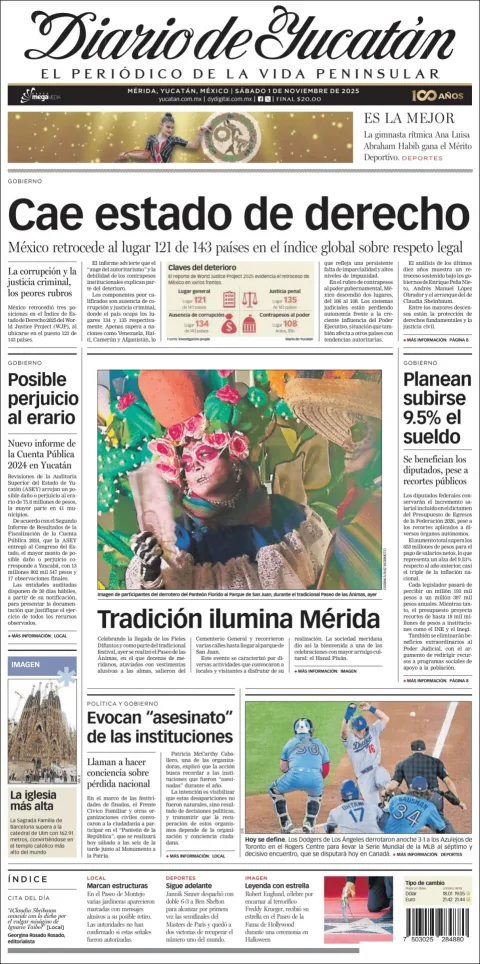 Portada de Diario de Yucatán del sábado, 1 de noviembre de 2025