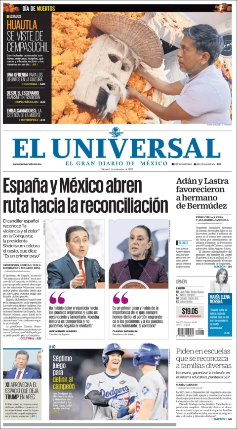 Portada de El Universal del sábado, 1 de noviembre de 2025