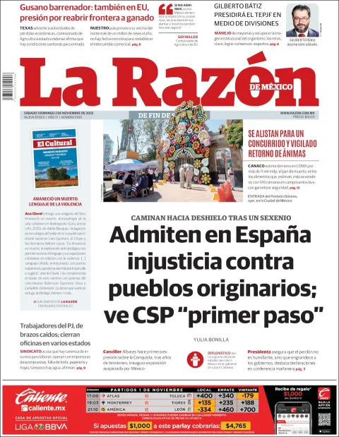 Portada de La Razon del sábado, 1 de noviembre de 2025