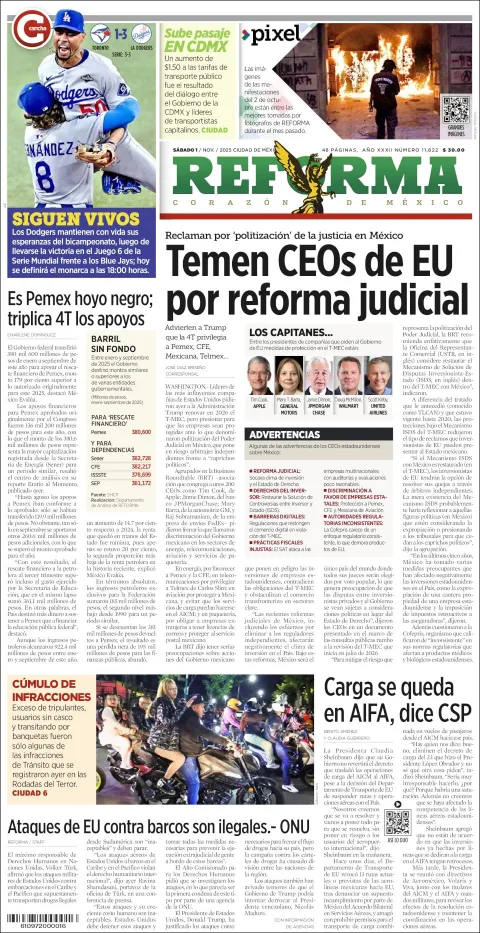 Portada de Reforma del sábado, 1 de noviembre de 2025