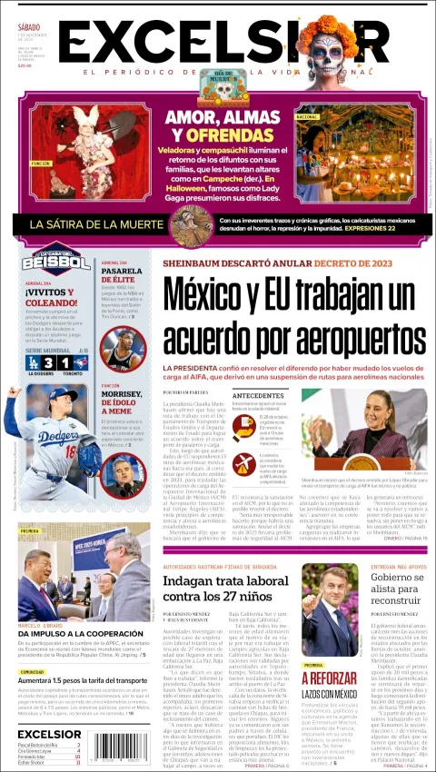 Portada de Excelsior del sábado, 1 de noviembre de 2025